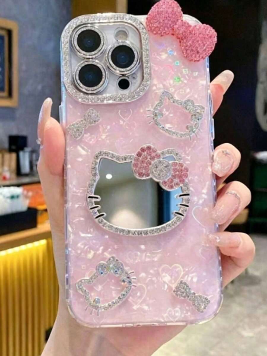 SANRIO 1pc Girls Fashion Creative Phone Case, Waterproof Anti-Drop Shockproof Material, Laser Color-Changing Heart, 3D Rhinestone KT Cat Head, Rhinestone Bow, Anime Style, Luxury Shiny, KT Cute Fashion, Suitable For Apple 17 Series 11/12/12pro, 13/14/15, 13pro/14pro/15pro 16promax, 17, 17pro, 17pro Max Phone Protective Case, Best Gift For Ramadan, Valentine's Day - Pink - View 1