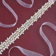 1pc Luxury Bridal Handmade Rhinestone Beaded Waist Belt Sash For Wedding Party - Gold Applique+Organza White Ribbon - View 4