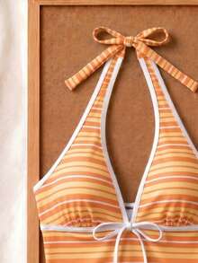 New Summer Fresh Sweet Cute Style Orange & Yellow Striped Halter Neck Bikini Set With Hipster Bottoms For Beach Vacation And Leisure - Multicolor - View 5