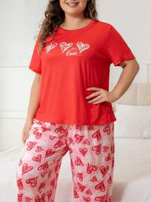 Plus Size Casual Comfortable Heart Print Short Sleeve Red Full Heart Print Pants Women's Loungewear 2 Pieces Set Pajamas - Red - View 4