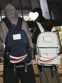 1pc Unisex Street Style New Korean Version Creative Shark Design Fashion Campus Backpack For High School And College Students, Casual School Bag (Random Webbing Print And Letter, Random Left/Right Pull Tab Direction) - Multicolor - View 2