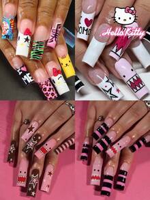 Sanrio Hello Kitty 96pcs(4mixed) Long Square Cute 3d Leopard Print French Press On Nails With Hello Kitty,PomPomPurin,DOMO,Star And Heart Design,Perfect Fit Acrylic False Nails Set,Sanrio Nails For Girls Daily Life, Party And Gathering Use. - Multicolor - View 8