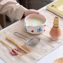 Matcha Tea Set, Complete Matcha Brewing Tool Kit, Includes Cute Floral And Heart Embossed Ceramic Bowl And Sifter, Traditional Japanese Tea Ceremony Tools, Suitable For Home Use And Gifting - Multicolor - View 3