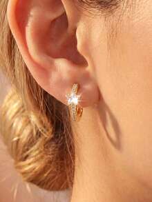 1 Pair Gentle Luxury Style Exquisite Sparkling Five-Point Star Main Diamond Full Inlaid Fine Zirconia Stone Rim Star Hoop Earrings, Delicate Earrings For Women Suitable For Commuting, Dating And Daily Wear - Star - View 3