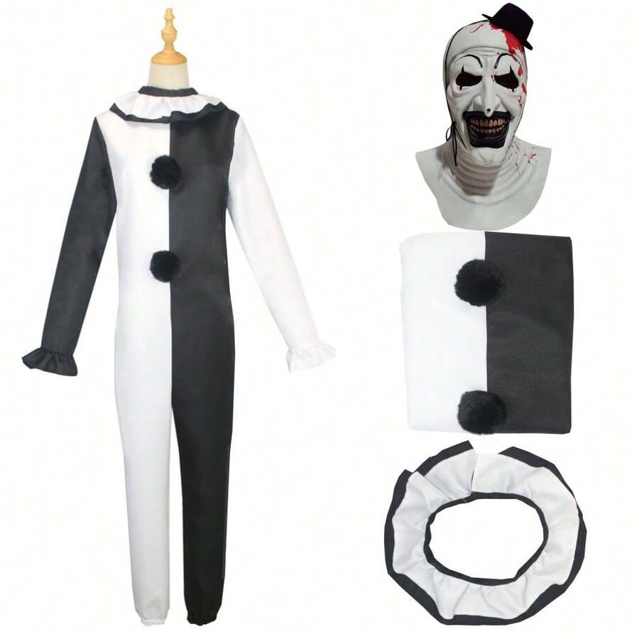 Terrifying Clown Costume From A Horror Movie In Stock For Cosplay And Stage Performances - Clothes + Scarf + Latex Headgear - View 1