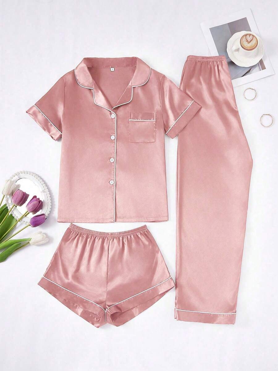 Women's 3-Piece Solid-Color Pajama Set With Contrasting Trim In Faux Silk - 米色 - 查看 1
