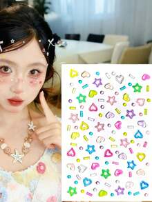 Self-Adhesive Dopamine Face Gem Stickers, Heart, Star, Love Shape Rhinestone Jewelry Stickers, No Glue Needed Cute Face Decor DIY Dopamine Stickers - Multicolor - View 9