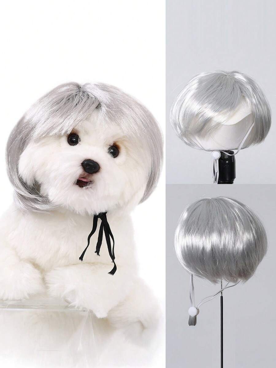 Wig Kostum Hewan Peliharaan 6 Inci - Wig Bob Perak untuk Anjing | Wig Hewan Peliharaan Sintetis Buatan Mesin | Desain Tali Serut yang Dapat Diatur | Hiasan Rambut Cosplay Lucu untuk Pesta Hewan Peliharaan, Pemotretan & Berdandan Sehari-hari - Perak - View 1
