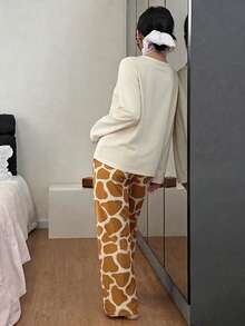 Dreamivo Women's Casual Comfortable Pajama Set, Round Neck Long Sleeve Top And Pants, Soft And Simple, Suitable For Autumn And Winter - Camel - View 2