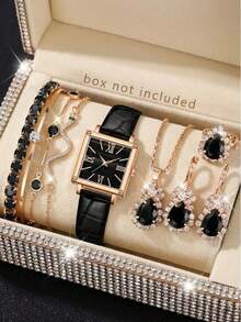 Ensemble de bijoux pour femmes 9 pièces comprenant montre à quartz, bracelet, collier, boucles d'oreilles et bague, design minimaliste décontracté à cadran barre, convient pour le port quotidien, la décoration de fête, la Saint-Valentin, la Fête des Mères, la saison des mariages, l'anniversaire et divers cadeaux de festival pour les amis et les mères - Multicolore - Voir 1