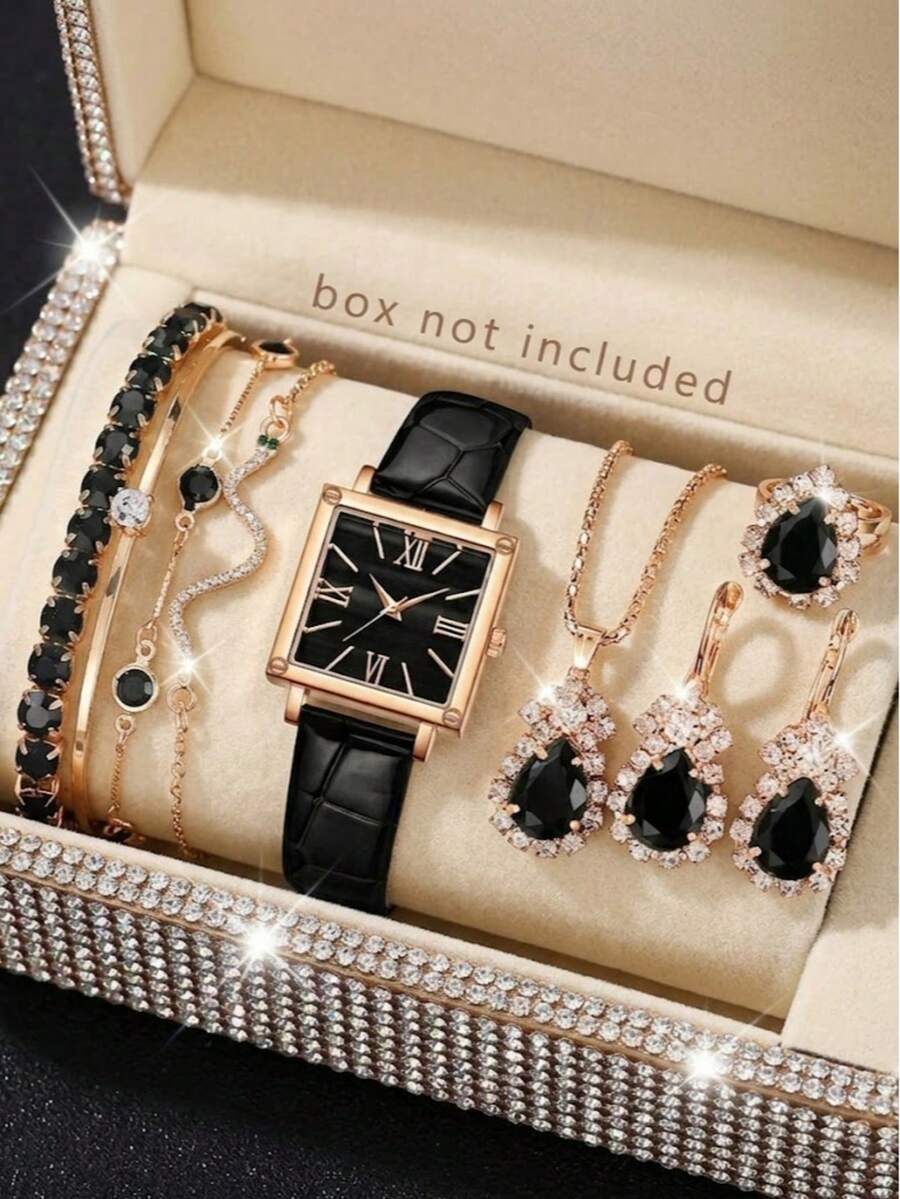 Ensemble de bijoux pour femmes 9 pièces comprenant montre à quartz, bracelet, collier, boucles d'oreilles et bague, design minimaliste décontracté à cadran barre, convient pour le port quotidien, la décoration de fête, la Saint-Valentin, la Fête des Mères, la saison des mariages, l'anniversaire et divers cadeaux de festival pour les amis et les mères - Multicolore - Voir 1