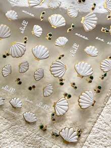 1 Sheet 5D Embossed Seashell Nail Stickers, Golden Foil Edge Green Rhinestone Summer Sea Shell Nail Art Decals Ocean Theme Self-Adhesive DIY Manicure Decorations - Multicolor - View 6