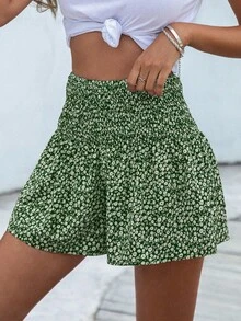 Shorts de pierna ancha floral con fruncido - Verde - Ver 1