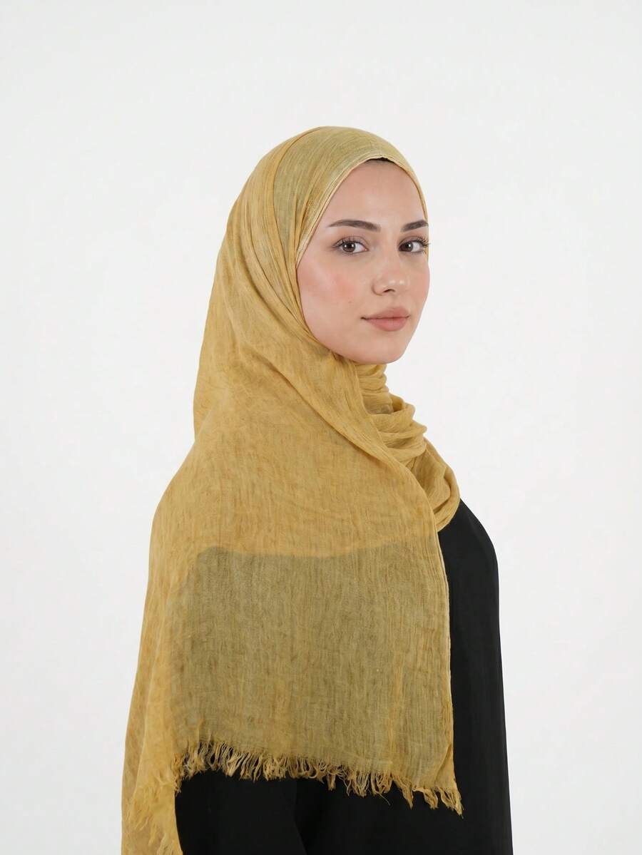 1pc Dirty Dye Arabic Hijab, Thin Solid Color Lightweight Casual Long Scarf, Suitable For Daily Use, Riffled Hijab - Mustard Yellow - View 1