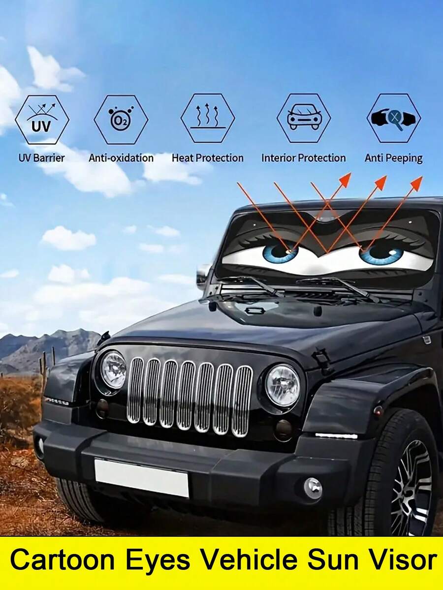 YAIUZGOO Pelindung Matahari Kartun Mata Besar yang Lucu - Pelindung Matahari Kaca Depan Mobil, Cocok untuk SUV dan Sedan - Aksesori Interior Mobil untuk Perlindungan Matahari Musim Panas dan Isolasi Panas, Penutup Kaca Depan Poliester Gulung, Dapat Dilipat, Penyimpanan Praktis, Aksesori Mobil