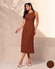 Classic Midi Sheath Dress With A Round Neck And Elegant Design Featuring A Slit And Functional Buttons. - Camel - Ver 3