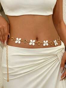 1pc Vintage Personalized Fashion Metal Hollow Four-Leaf Clover Pendant Waist Chain, Minimalist Versatile Sexy Floral Splice Waist Decoration Suitable For Women Daily, Holiday, Party Wear - Gold - View 2