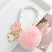 1Pc Pink Fluffy Ball Zinc Alloy Keychain, With Pearl Chain & Flower Charm, Backpack & School Bag Decor For Students - Multicolor - View 8