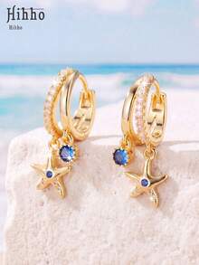 Hihho 1 Pair Ocean Vacation Style Charming Fashion Starfish Earrings, Royal Blue Zirconia Embellished, Versatile Women's Jewelry Ear Accessories Suitable For Daily, Party, Outing, Holiday Decoration Gift - Starfish - View 3