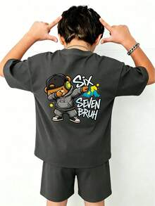 Tween Boy Cartoon Print Round Neck Short Sleeve T-Shirt And Shorts Set - Dark Grey - View 1