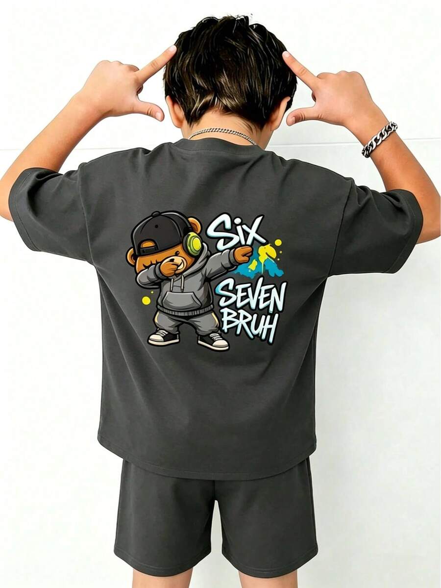 Tween Boy Cartoon Print Round Neck Short Sleeve T-Shirt And Shorts Set - Dark Grey - View 1