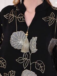 2026夏季/秋季阿拉伯女性黑色優雅長裙，重工串珠刺繡 JALABIYA，流蘇流蘇飾邊鏤空V領，休閒派對穿搭 - 黑色 - 查看 8