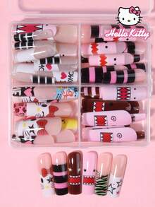 Sanrio Hello Kitty 96pcs(4mixed) Long Square Cute 3d Leopard Print French Press On Nails With Hello Kitty,PomPomPurin,DOMO,Star And Heart Design,Perfect Fit Acrylic False Nails Set,Sanrio Nails For Girls Daily Life, Party And Gathering Use. - Multicolor - View 4