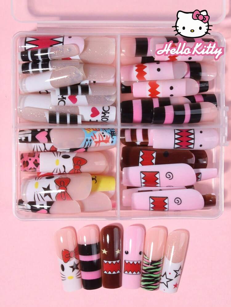 SANRIO 三麗鷗 Hello Kitty 96片裝(4款混色)長方型可愛3D豹紋法式穿戴甲，含 Hello Kitty、布丁狗、DOMO、星星與愛心設計，完美貼合壓克力假指甲組，適合女孩日常、派對與聚會使用 - 彩色 - 查看 4