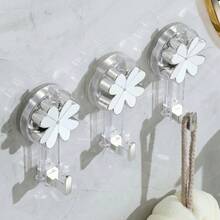 3pcs White Flower Wall-Mounted Suction Cup Hooks, Transparent Drill-Free Bathroom Accessories Storage Rack, Detachable Strong Suction Cup Hooks, Kitchen Accessories Organizer, Room Decor Shelf, Suitable For Living Room, Entryway, Closet - Clear - View 7