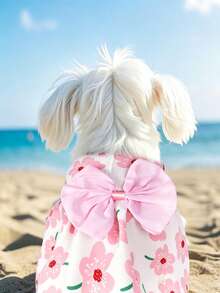 1pc Pink Cherry Blossom Print Dog Dress, Large Bow Decor Sleeveless Pet Dress, Soft Breathable Puppy Princess Outfit, Summer Cute Small And Medium Dog Clothes, Suitable For Bichon Poodle Daily Wear - Pink - View 2