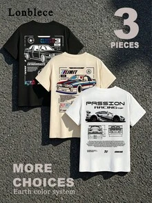 Lonblece 3pcs Unisex Crew Neck T-Shirts With Racing Element Print, Casual And Comfortable Tee - Multicolor - View 1