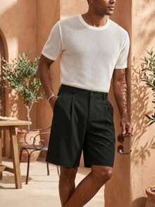 Men's Pleated Casual Shorts, Solid Color, Loose Fit, Button Waist, Summer Street Style, Suitable For Daily Wear And Vacation Sports - Black - View 3