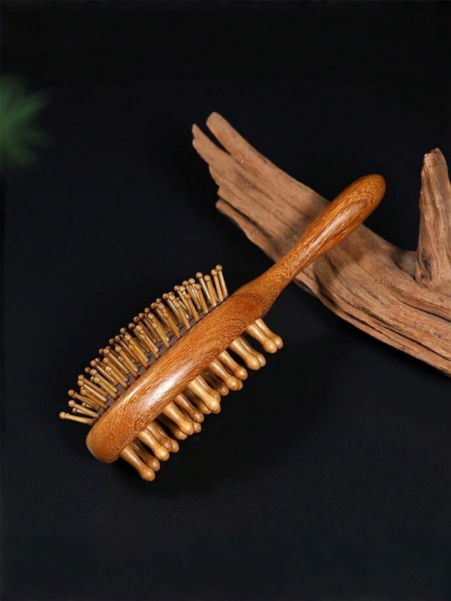 1pc Double-Sided Sandalwood Comb - Fashion Anti-Static Scalp Massage Brush With Round Bristles, Suitable For All Hair Types, Home And Hair Care Essential | Fashion Comb | Wooden Handle - A - View 1