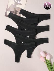 6pcs/Set Ribbed Comfortable G-String T-Back Seamless Thong Panties, Sexy Comfortable Triangle Briefs For Women - Black - View 3