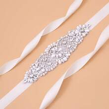 1pc Rhinestone Handmade Bridal Belt - Sliver Applique + Ivory Ribbons - View 3