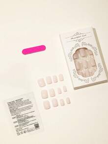 Conjunto de 24 uñas postizas cortas y cuadradas de unicolor simple, que incluye lima de uñas y pegamento gel, suministros de uñas para presionar uñas falsas uña falsa uña acrílica - Beis - Ver 2