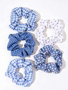 5 PIEZAS Elásticos para el cabello con estampado floral azul, coleteros de moda para niñas, estilo de academia a cuadros, adecuados para uso diario en todas las estaciones, accesorios para el cabello de adolescentes, regalo para niñas, escuela - Multicolor - Ver 1