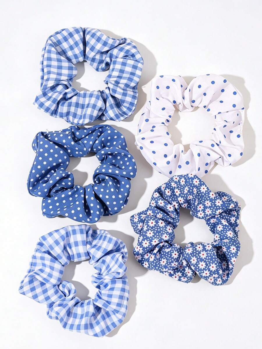 5 PIEZAS Elásticos para el cabello con estampado floral azul, coleteros de moda para niñas, estilo de academia a cuadros, adecuados para uso diario en todas las estaciones, accesorios para el cabello de adolescentes, regalo para niñas, escuela - Multicolor - Ver 1