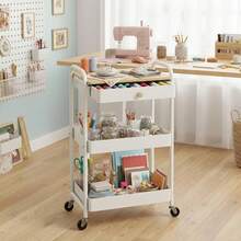 3 Tier Rolling Cart Metal Utility Cart With Wooden Table Top Drawer Hanging Cups Storage Cart For Kitchen Bathroom Office - White - View 9