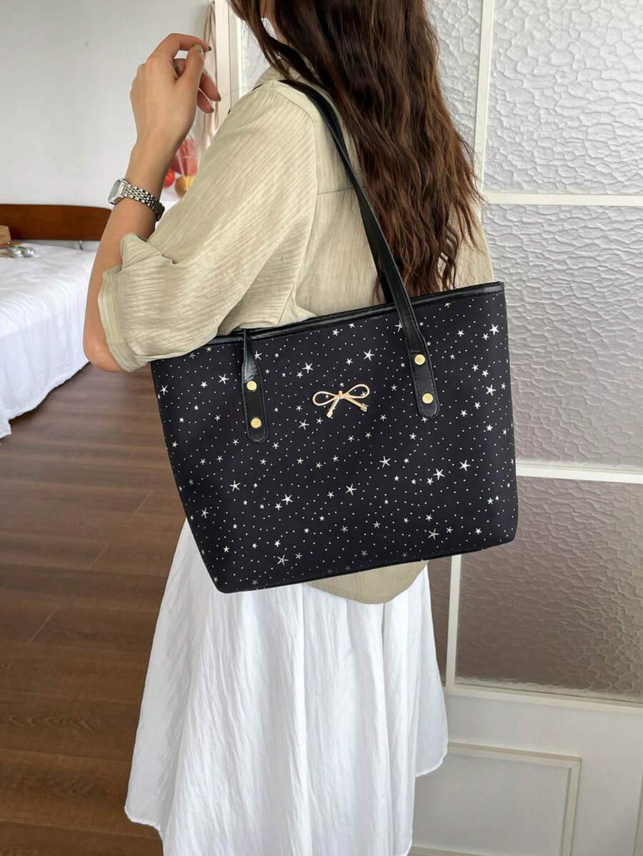 Tas Tote Kasual Kapasitas Besar Motif Berlian Berlapis Warna Polos dengan Pita, Model Fashion Minimalis Terbaru 2025 - Hitam - View 1
