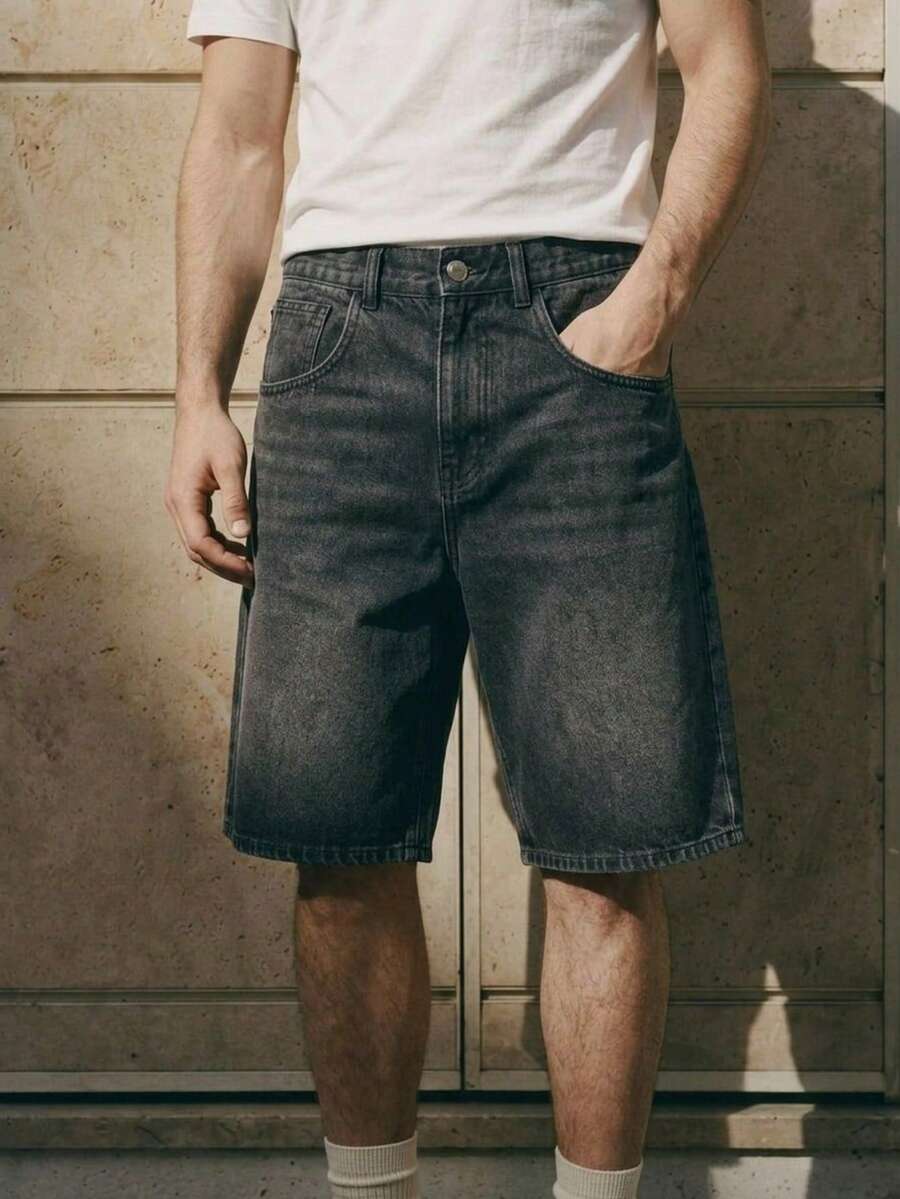 Nova Bermuda Masculina Jeans Lavado Fit Solto Casual de Verão - Cinza - Visão 1