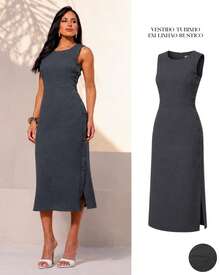 Classic Long Black Dress With A Round Neck, Pockets, And An Elegant Slit Design. - 深灰色 - 查看 1