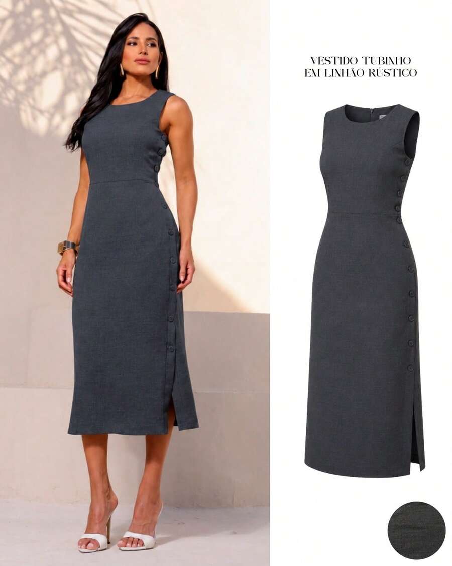 Classic Long Black Dress With A Round Neck, Pockets, And An Elegant Slit Design. - 深灰色 - 查看 1