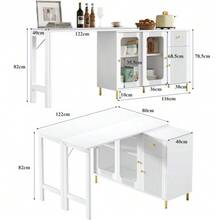 Moderner weißer Buffet-Sideboard mit klappbarer und ausziehbarer Tischplatte, drehbarer Oberfläche, goldenen Metallbeinen, Glasschiebetüren und Wellenmuster – Perfekt für Esszimmer und Küche - Weiss - Übersicht 2