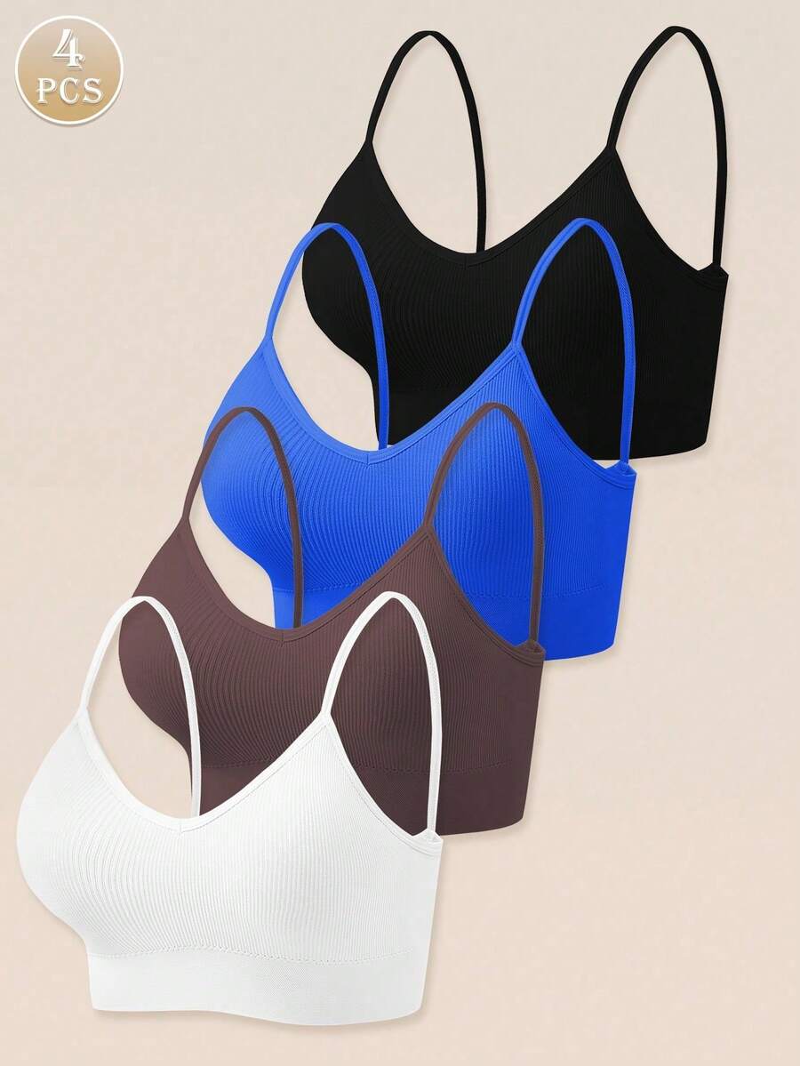 Set Of 4 Women's Seamless Striped Bras, Strappy Back, Wireless, Sexy And Comfortable Padded Underwear - 粉色 - 查看 1