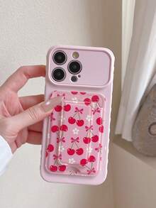 1pc Pink Side 3D Heart + Cherry Floral Bow Pattern Folding Card Holder Phone Case, Compatible With IPhone 17/16/15/14/13/12/11 - Multicolor - View 8