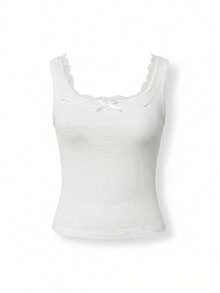 Women's Lace Patchwork Bow Decor Square Neck Fitted Tank Top, Spring/Summer Style White - White - View 8