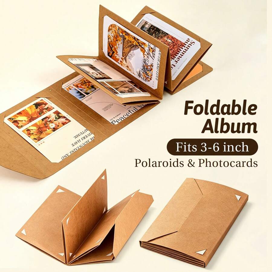 Album Penyimpanan Foto Lipat, Tempat Kartu, Sampul Kartu, Buku Penyimpanan Kartu Pos/Kartu Kecil/Stiker Universal Ukuran 3-6 Inci, Album Foto Lipat Kreatif dari Kertas Kraft, Alat Jurnal untuk Penggemar - View 1