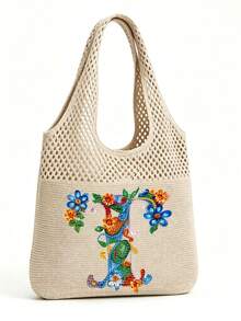 LFIRSTL Women's Crochet Tote Bag | 26 Personalized Initial Options, Bohemian Floral Mesh Beach Bag, Large Capacity Knitted Shoulder Handbag, Suitable For Summer Vacation, Travel And Daily Commute - Khaki - View 12