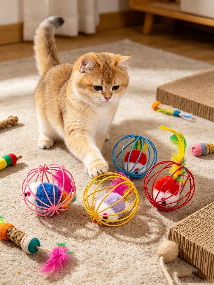 1/4pcs Colorful Cage Mouse Cat Toys With Feathers, Interactive Rolling Ball And Plush Mouse Set, Cat Boredom Relief Self-Play Toys, Keep Your Cat Entertained For Hours - Mouse Toy - View 1